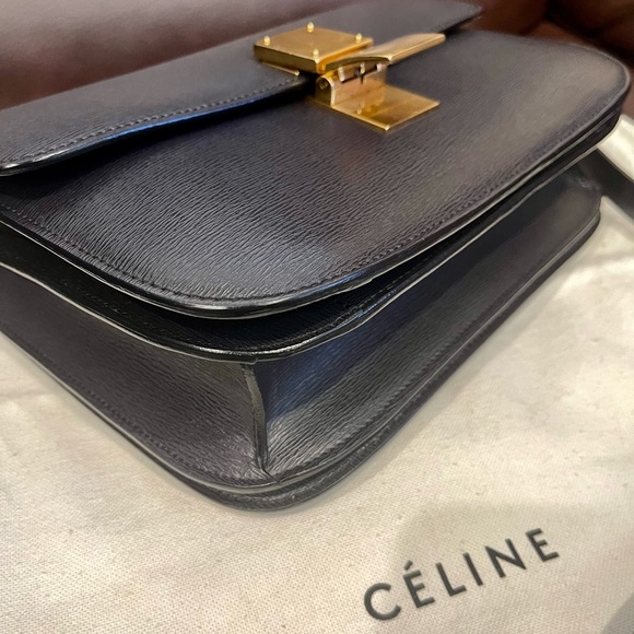 Celine Classic Box Triomphe Medium Calf leather black flap bag canvas handbag - Picture 9 of 16